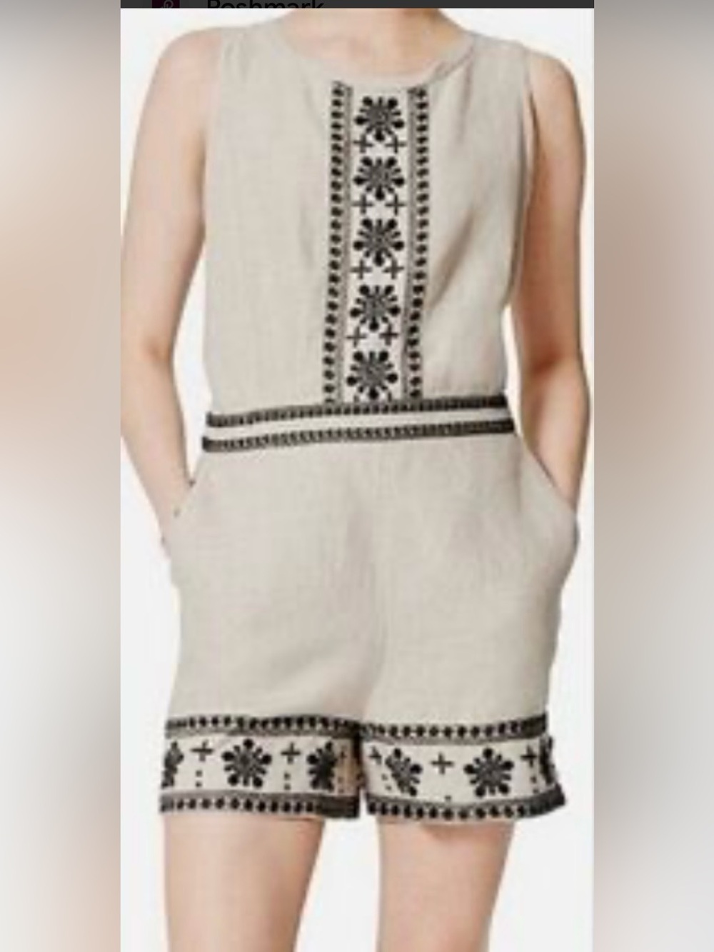 LOFT Beige Sleeveless Linen Embroidered Romper with Black Trim